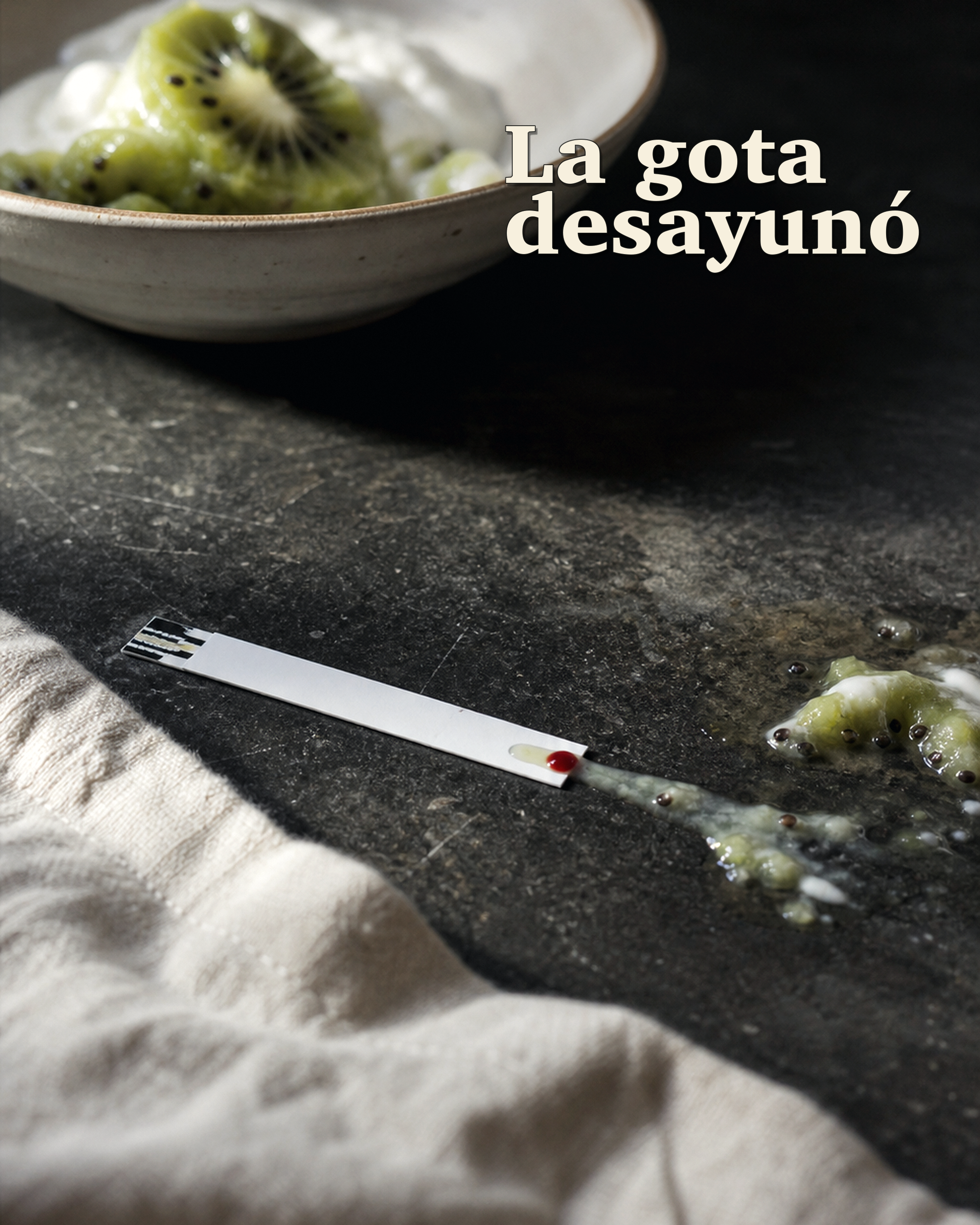 Kiwi, yogur, una tira de medición y una gota ilustrada en una escena de desayuno